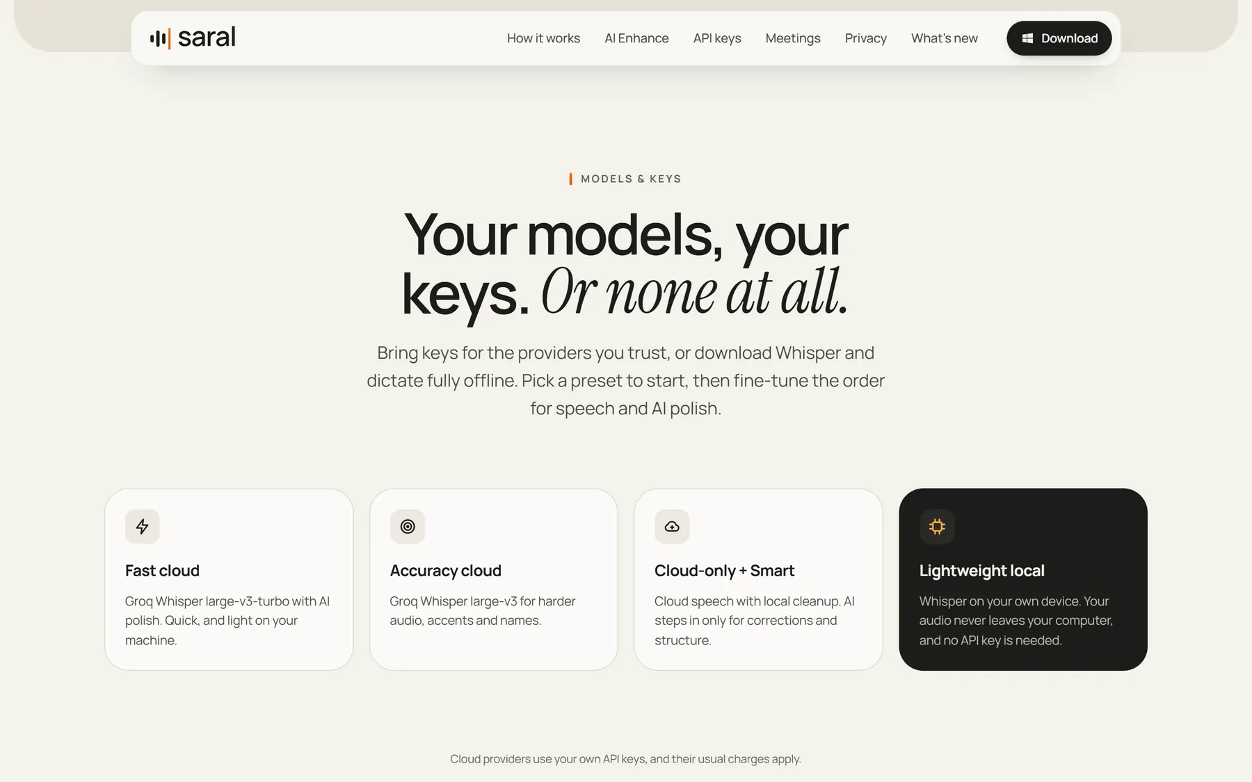 Models and keys: presets from fast cloud to lightweight local