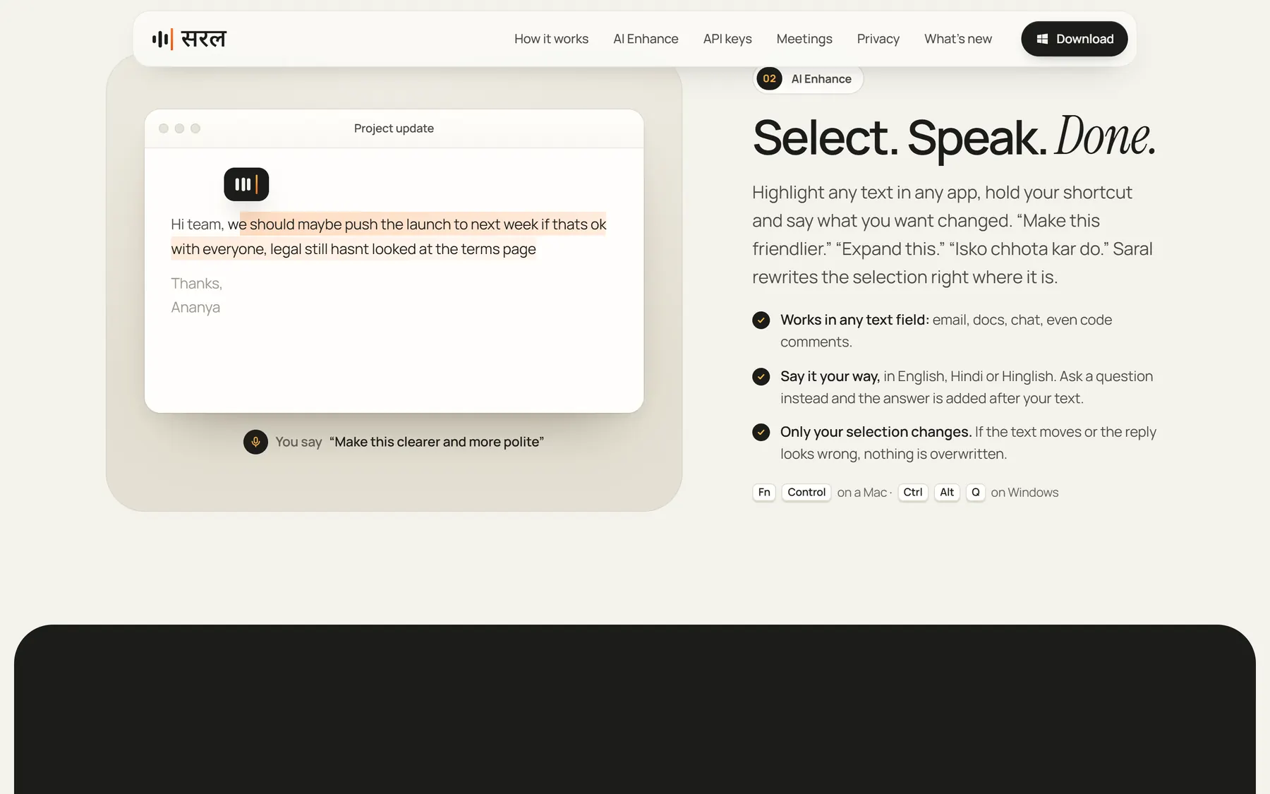 AI Enhance: select text, speak an instruction, and it is rewritten in place