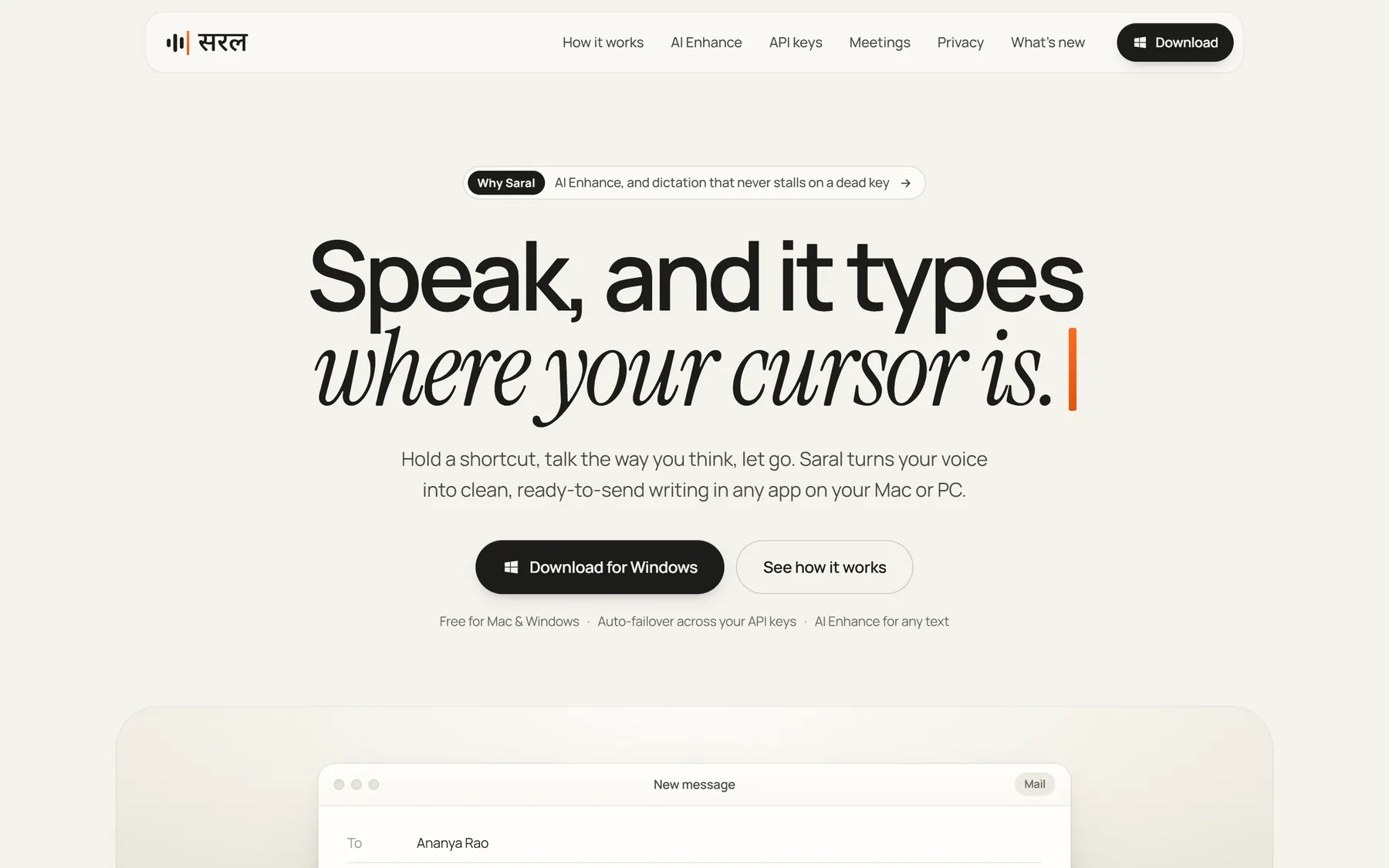 The heysaral.com hero: Speak, and it types where your cursor is.