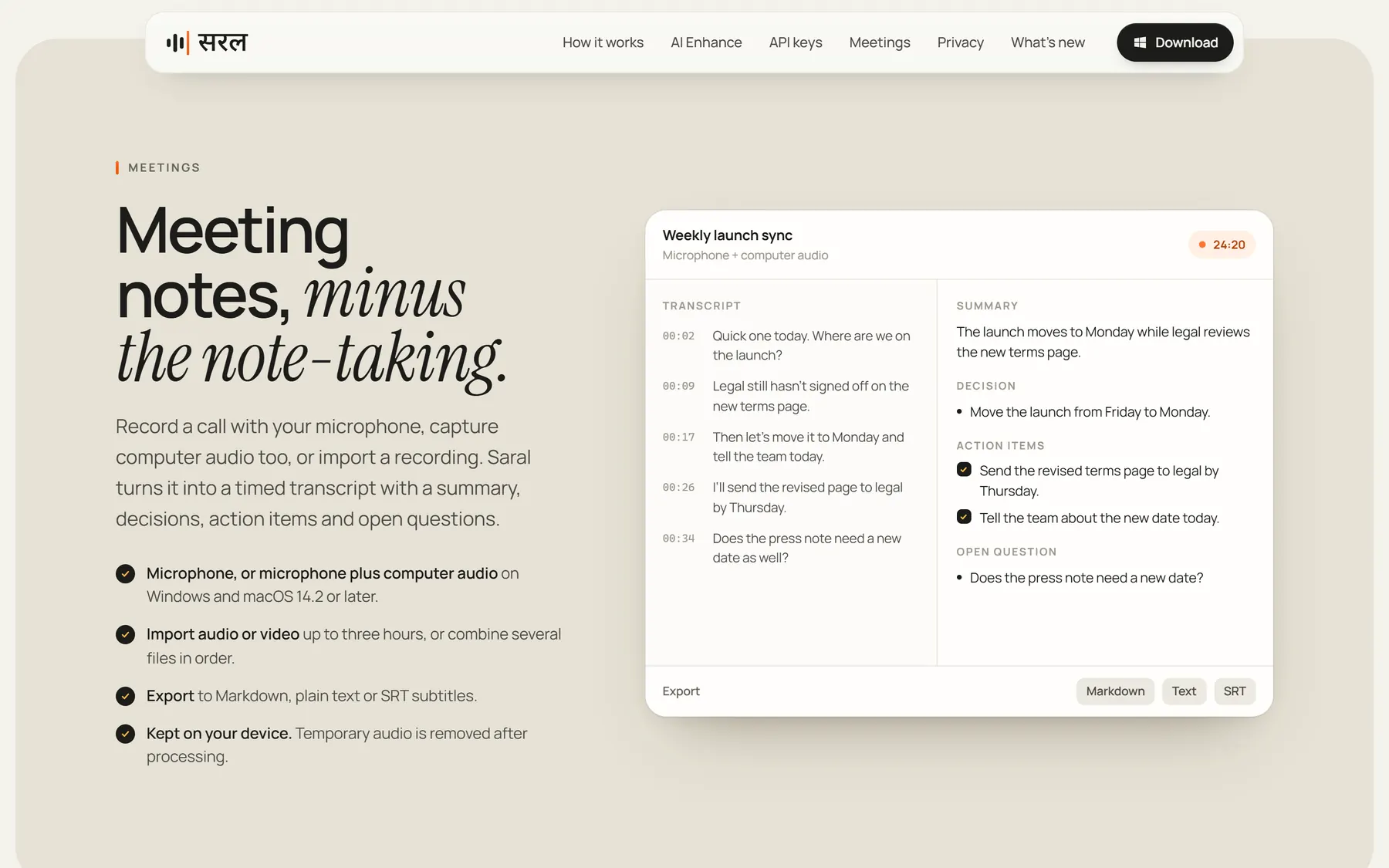 Meetings: a timed transcript with summary, decisions and action items